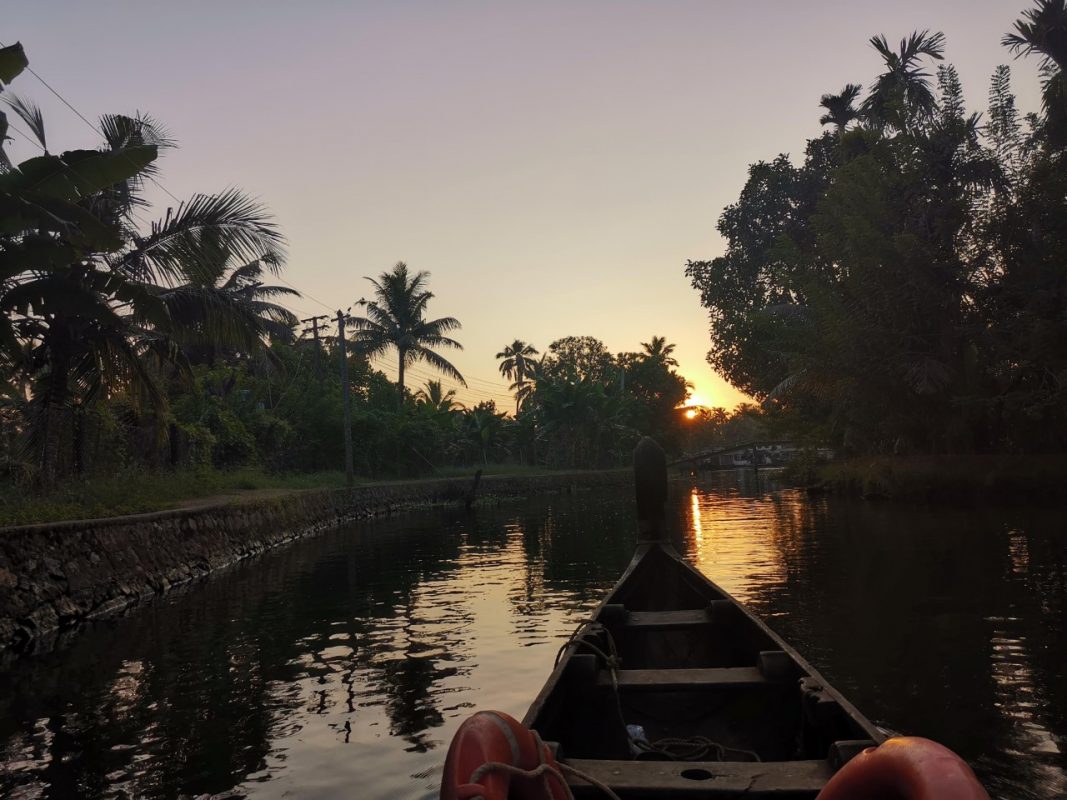 zonsondergang vanuit een boot op water backwaters in India en palmbomen
